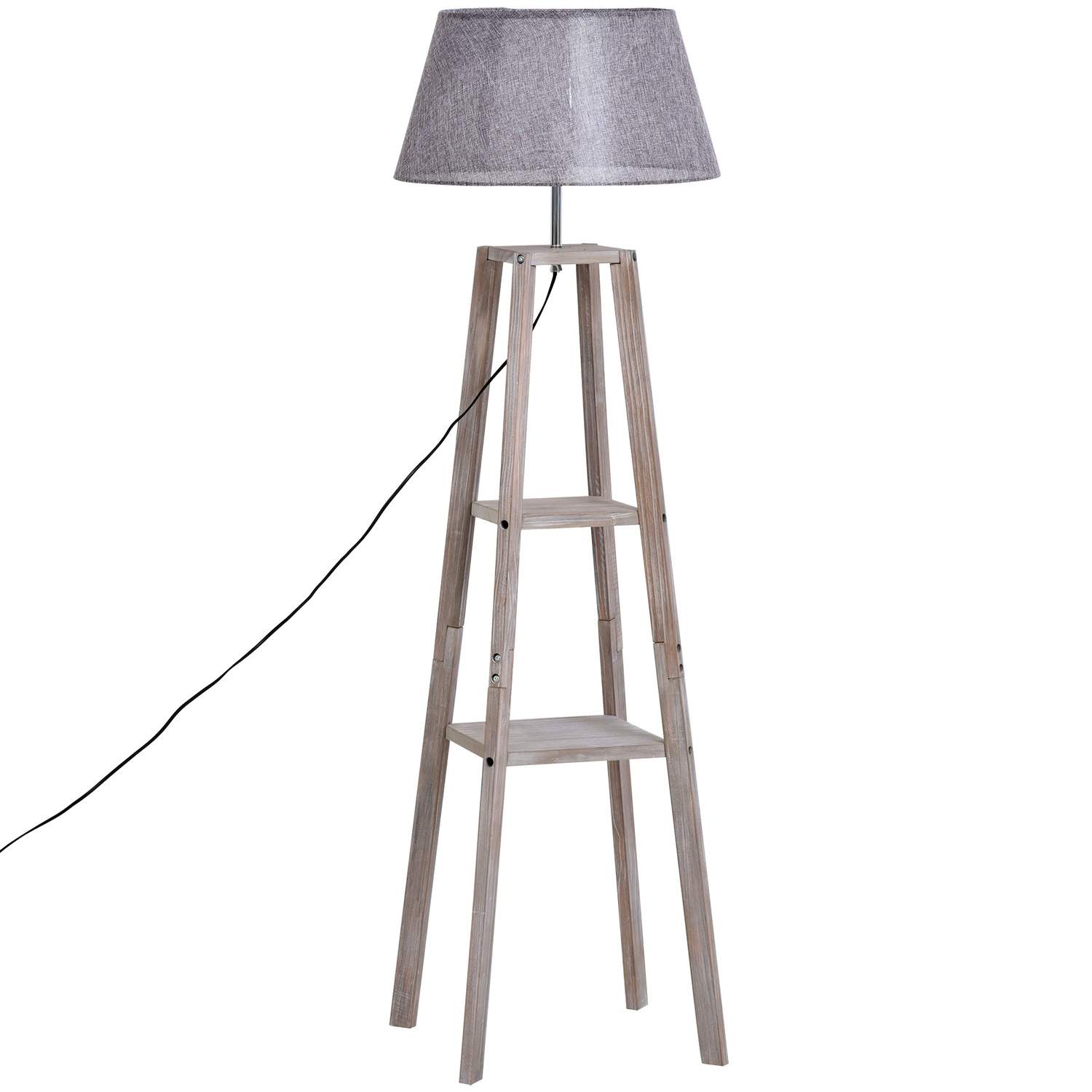 Skandinavisk gulvlampe med hylle i furu og lin