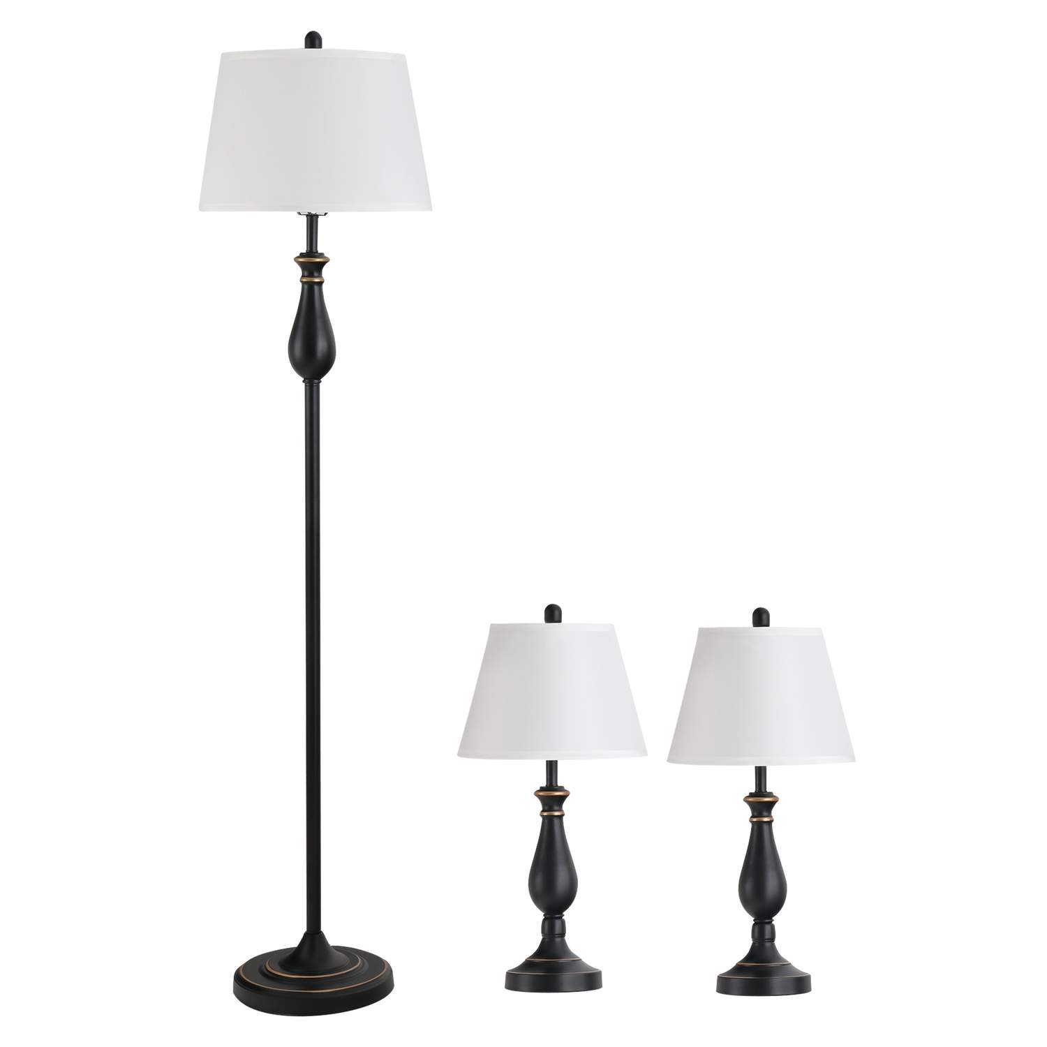 Sett med 3 vintage bordlamper i metall og tekstil