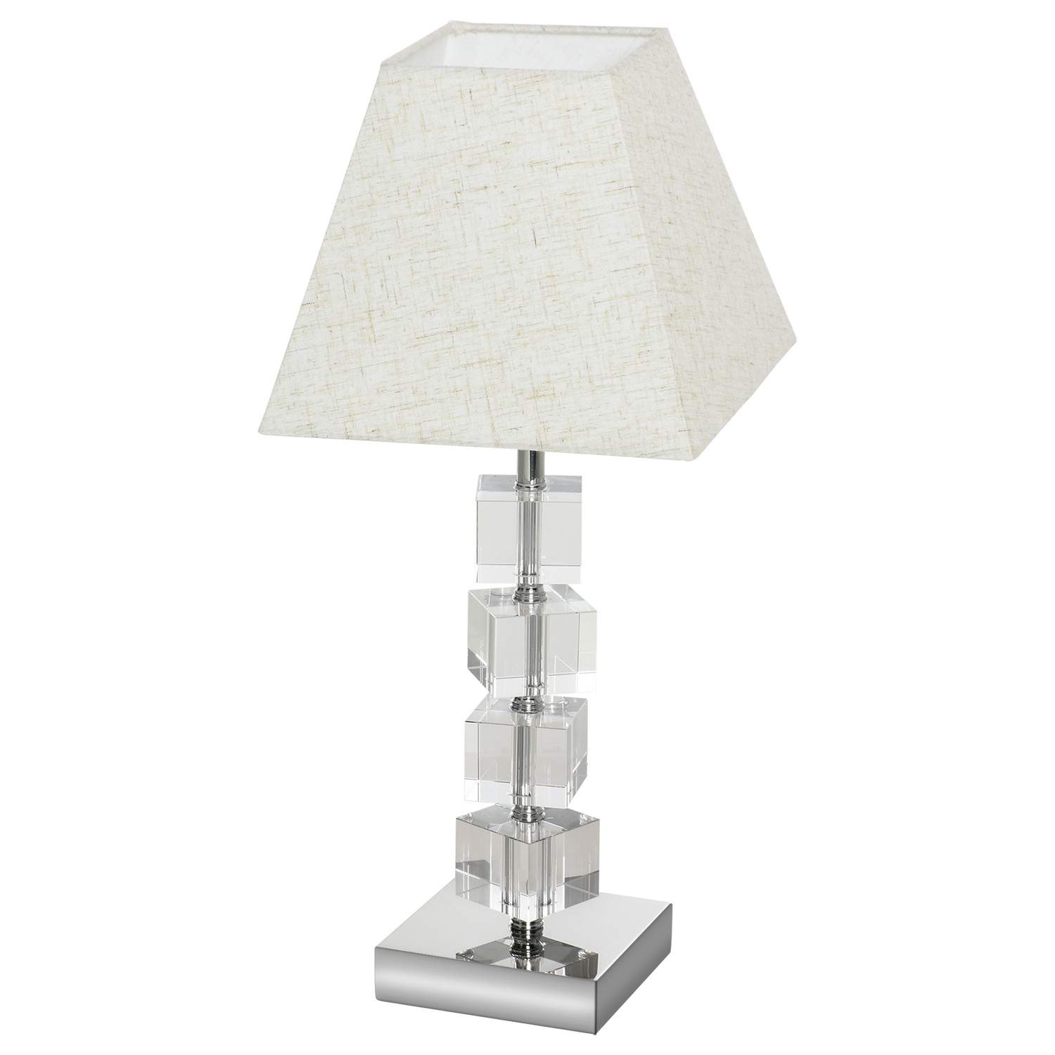 Kremhvit nattbordslampe med krystallkube og metallfot