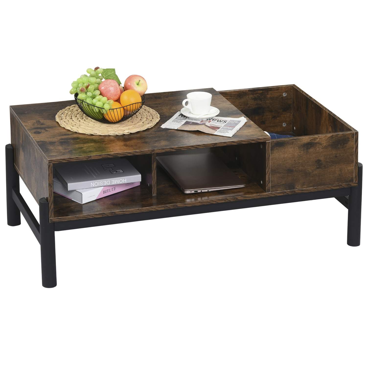 Brunt salongbord med oppbevaring, metallben 118x60x47 cm