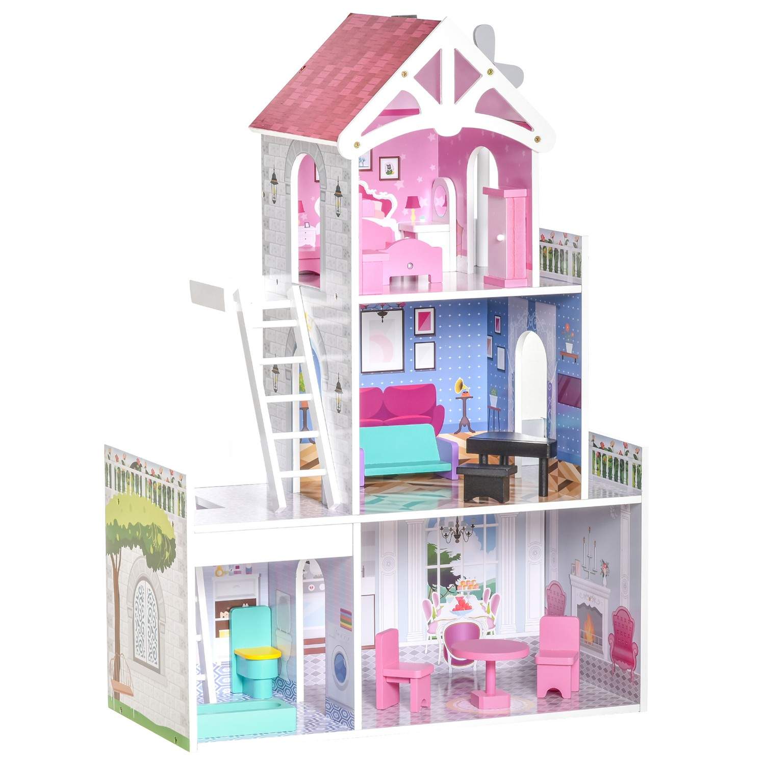 Dukkehus i tre med møbler, 3 etasjer, rosa