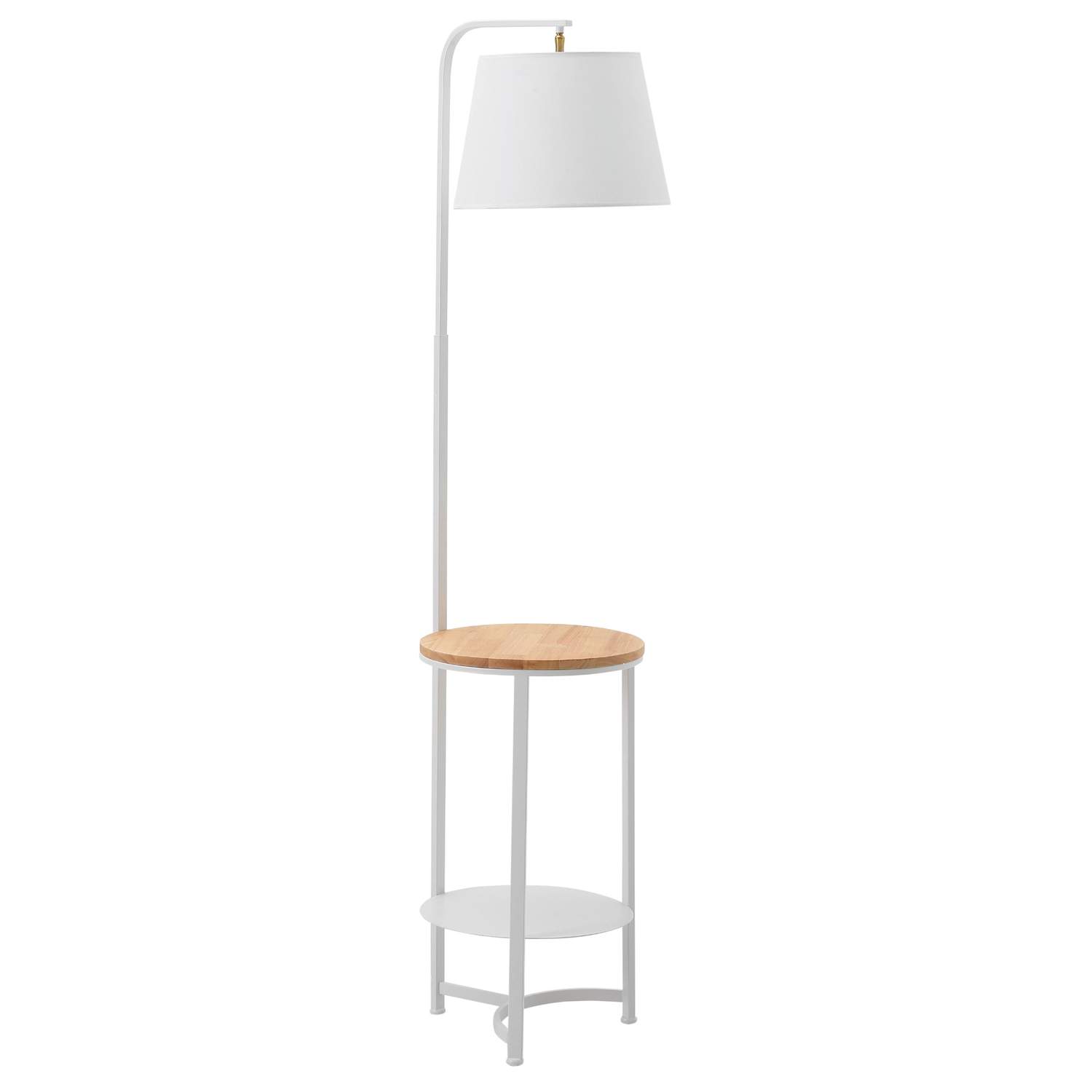 Hvit gulvlampe med sidebord og 2 hyller E27