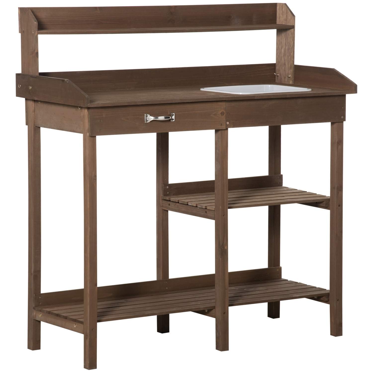 Brunt hagebord med badekar i gran 117x45x121 cm