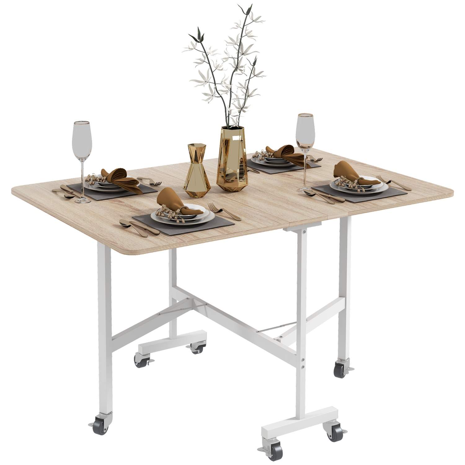 Sammenleggbart eikebord med hjul for 4-6 personer