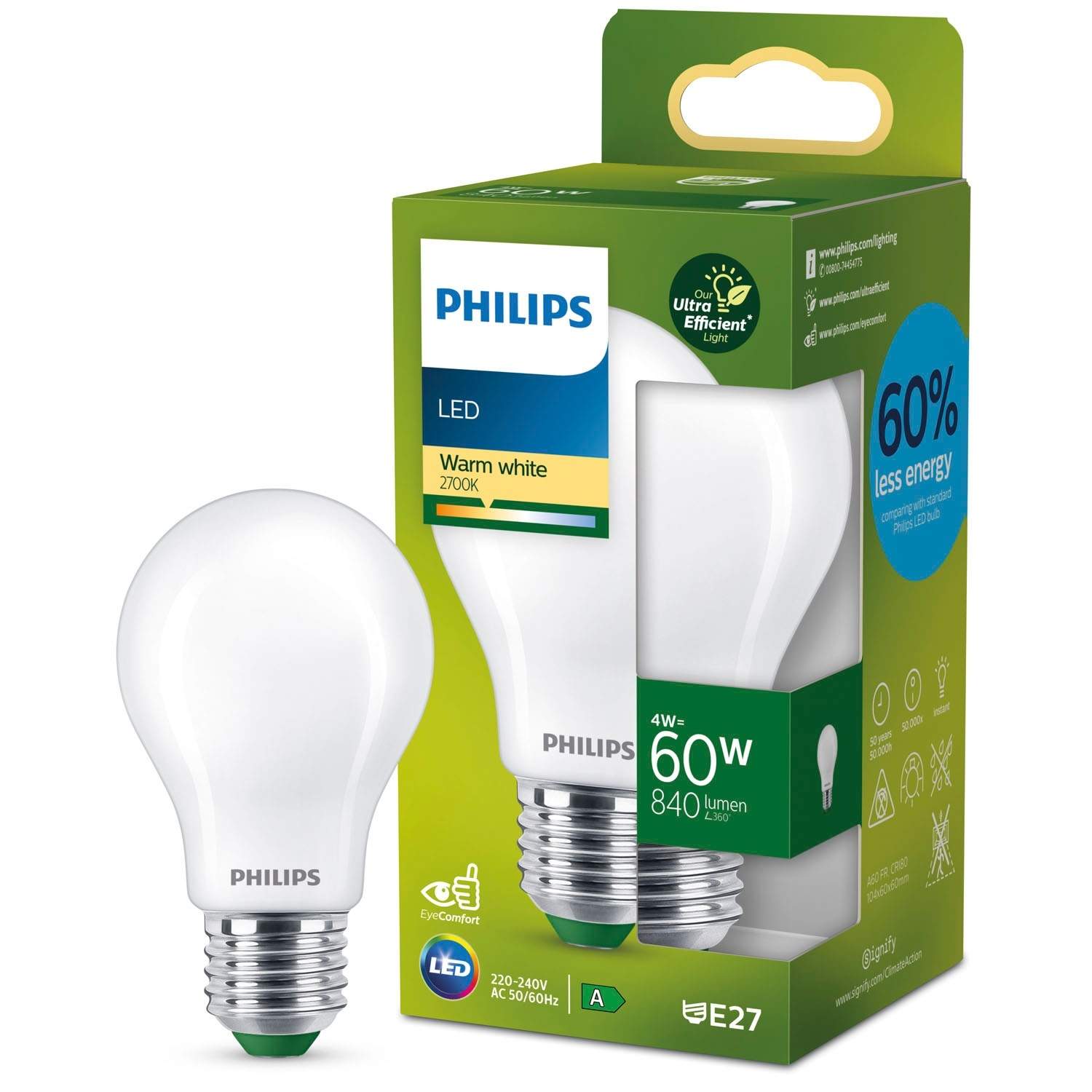 LED E27 Normal 4W (60W) Frostet 840lm 2700K Energiklasse A
