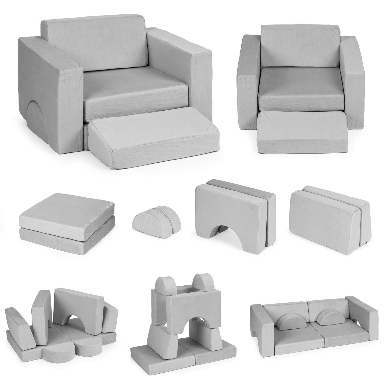 Modulær barnestol, 8 puter, sammenleggbar grå