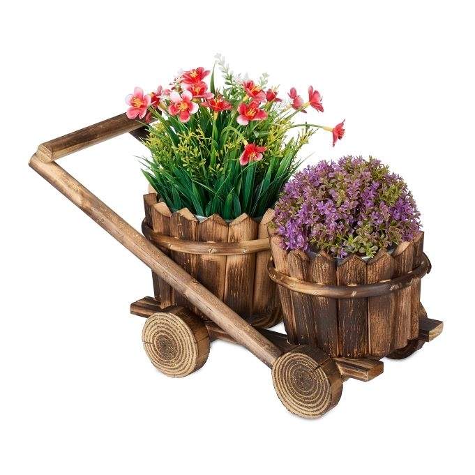 Plantevogn med 2 blomsterpotter i tre