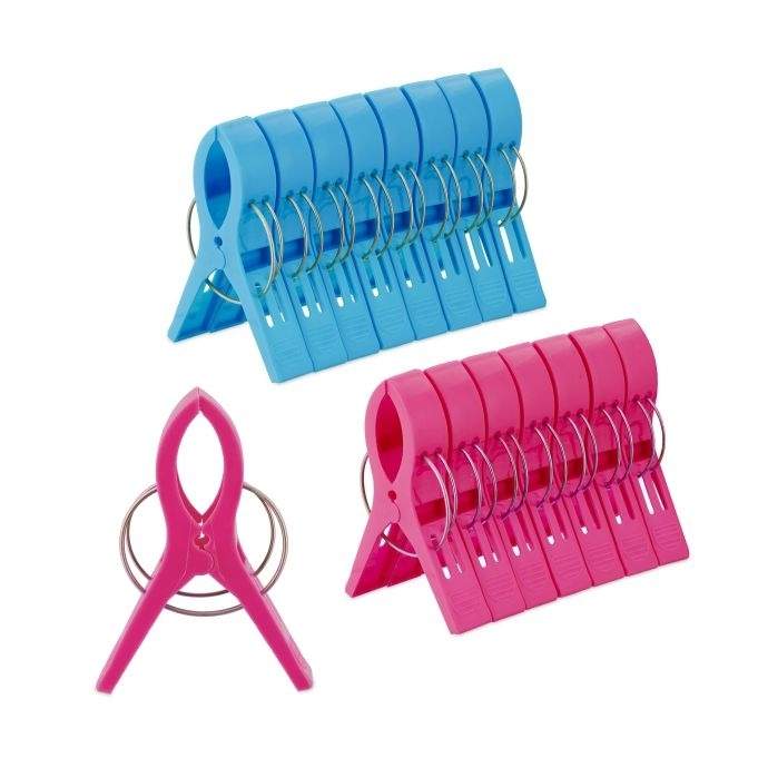 sett med 16 strandhåndkleklemmer i blå/rosa