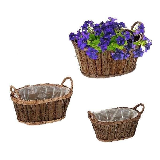 Oval blomsterpotte i tre - sett med 3 stk