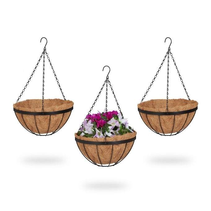 Hengende blomsterkurv med 3 kurver laget av kokosfiber