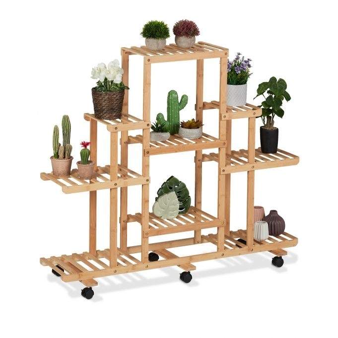 Hylle for planter i bambus med hjul