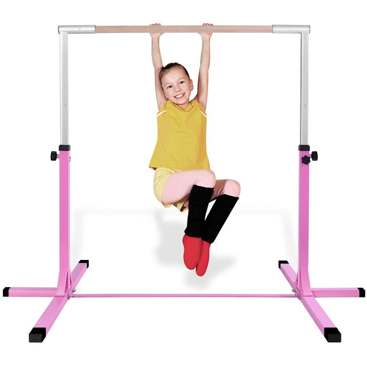 Gymnastikkstang, høydejusterbare gymnastikkstenger, elastisk horisontalstang, rosa/blå-rosa