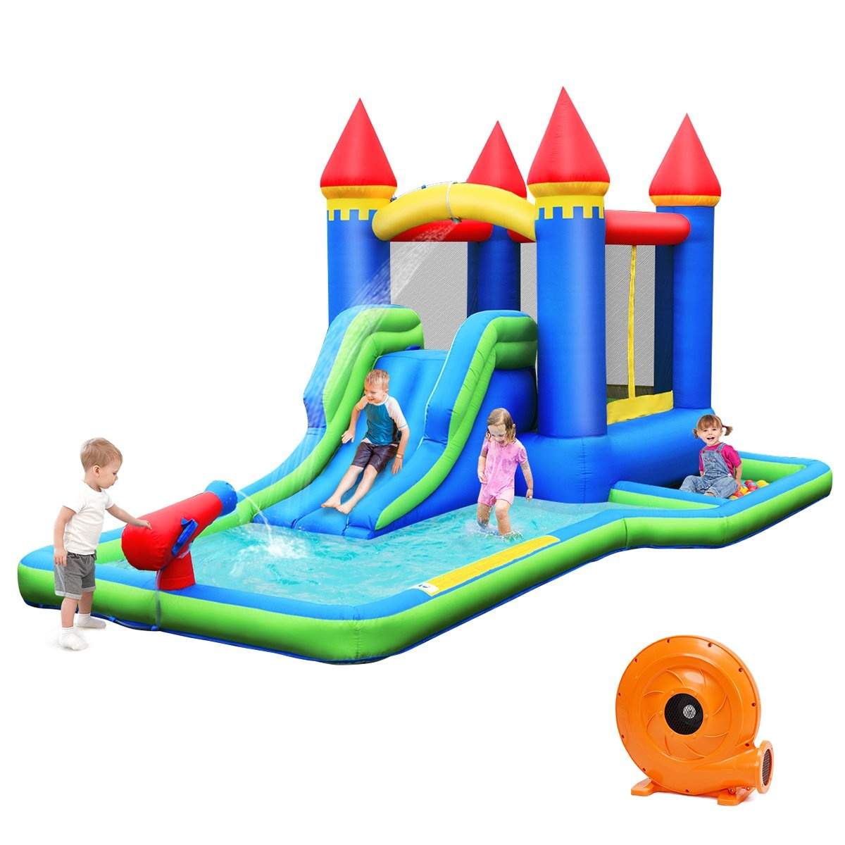 Oppblåsbar Hoppeslott vannskliepark med blåser Oxford-stoff av høy kvalitet 480 x 280 x 230 cm Fargerik