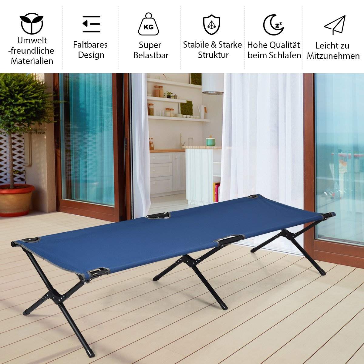 Feltseng, campingseng, metallramme, sammenleggbar sammenleggbar seng, belastning opptil 135 kg, 190 x 67 x 42 cm, blå