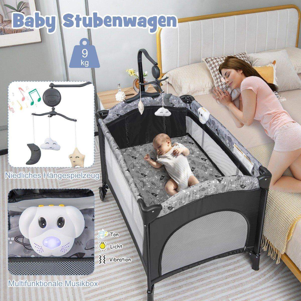 3 I 1 sideseng sammenleggbar reiseseng med hengende madrass 102 x 72 x 74 cm grå