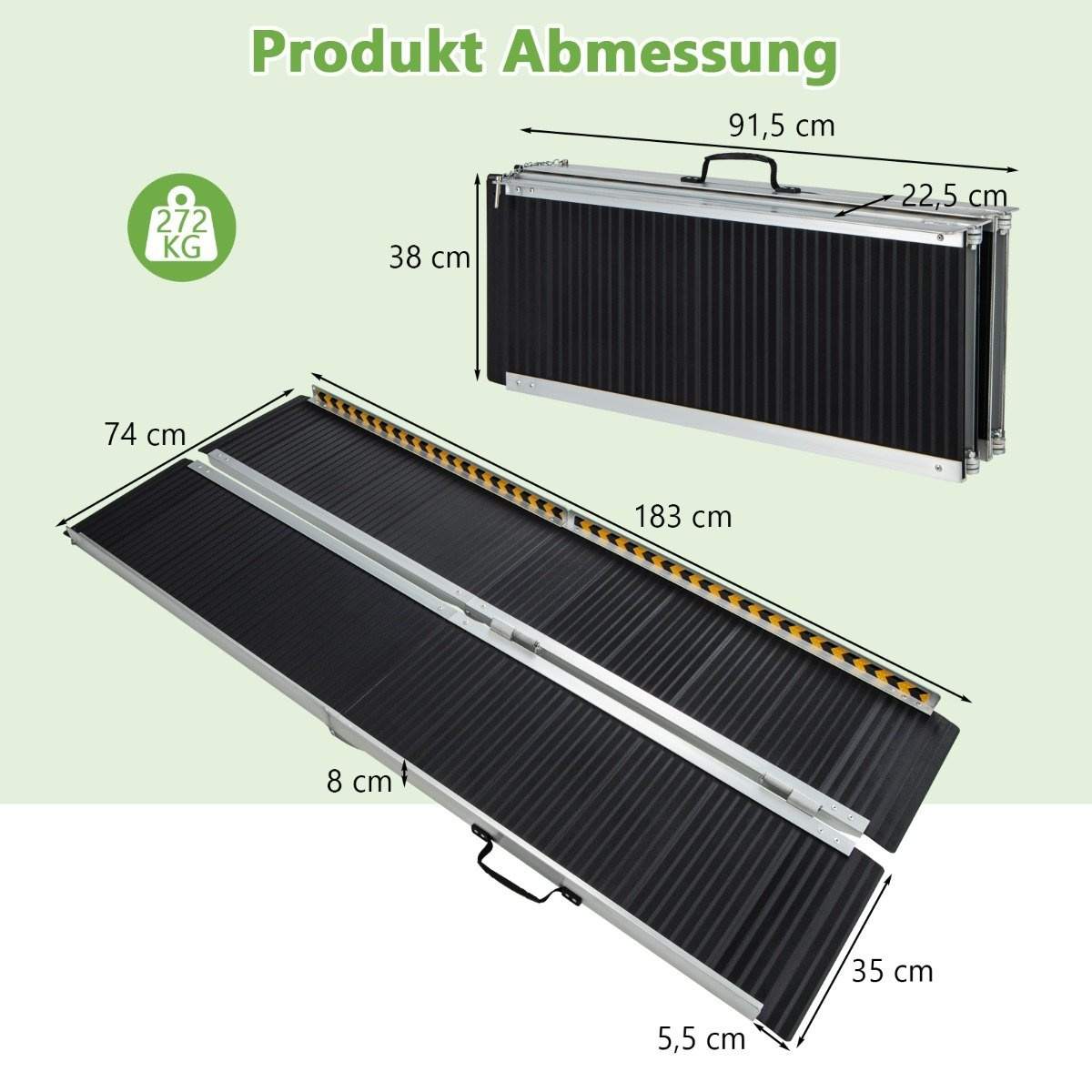 Flyttbar Ramp Rullstol 183 x 74 cm rullestolrampe Bærbar og anti-skli sammenleggbar rampe ...