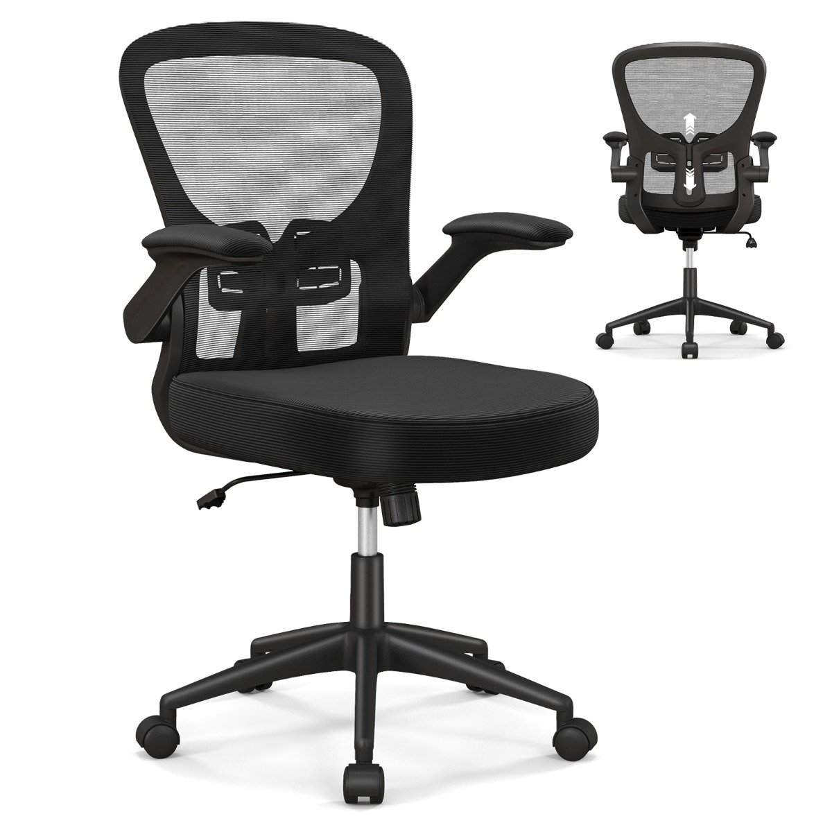 Ergonomisk kontorstol med oppfellbare armlener og justerbar korsryggstøtte og vippefunksjon
