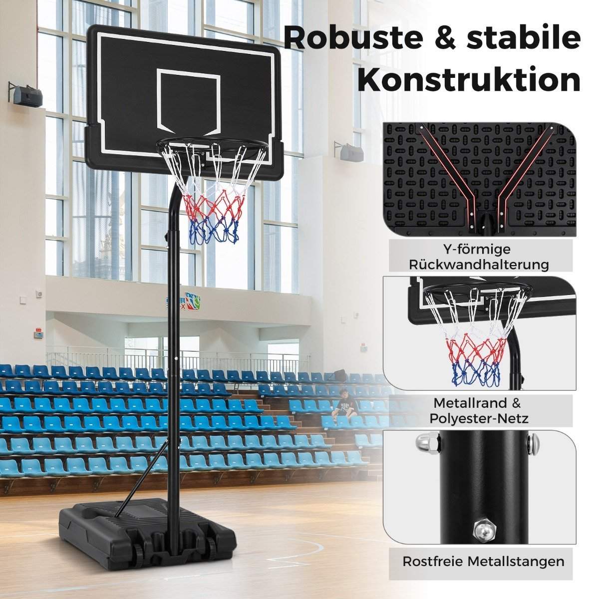 Basketballbøyle utendørs basketballstativ 210-260 cm høydejusterbar på hjul sort
