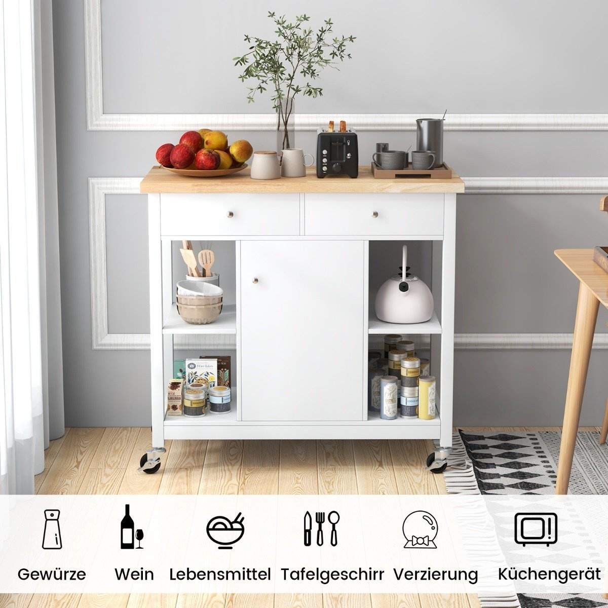 Kjøkkenvogn med hjul Kjøkkenøy med benkeplate Serveringsvogn med 2 skuffer 99 x 46 x 90 cm Hvit Kjøkkenvogn med hjul Kjøkkenøy med benkeplate Serveringsvogn med 2 skuffer 99 x 46 x 90 cm Hvit