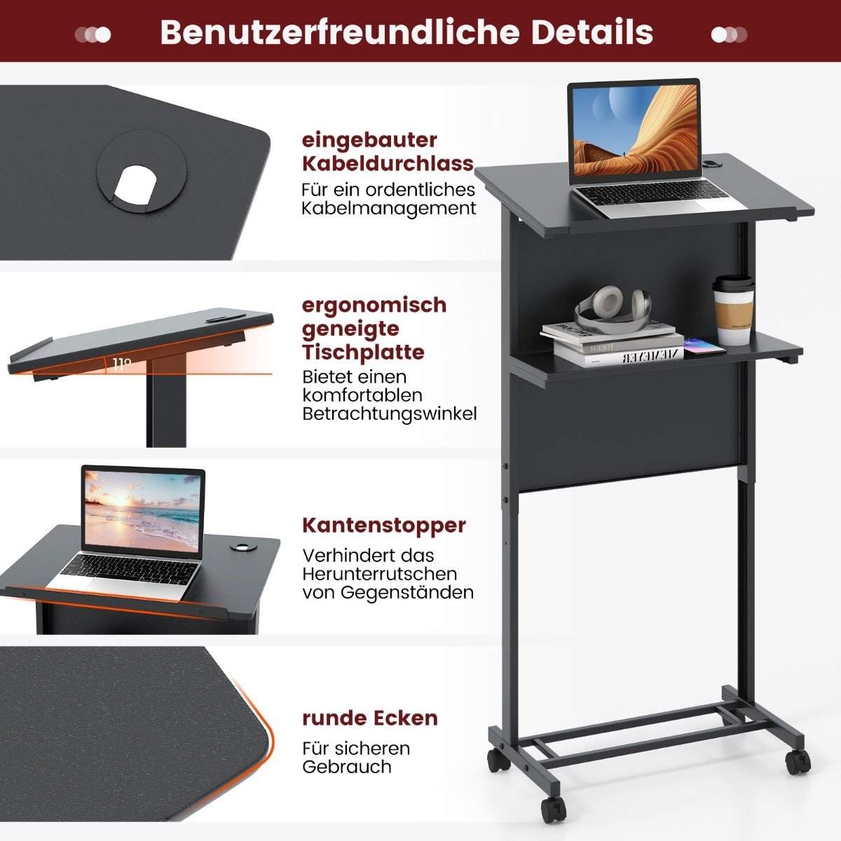 Stående skrivebord høydejusterbart stå-sit-pult med hjul mobilt ståbord svart Stående skrivebord høydejusterbart stå-sit-pult med hjul mobilt ståbord svart