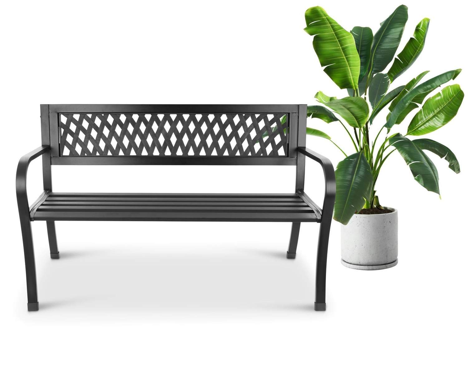 Prydhagebenk med ryggstøtte, parkbenk for terrasse og balkong, metallkonstruksjon