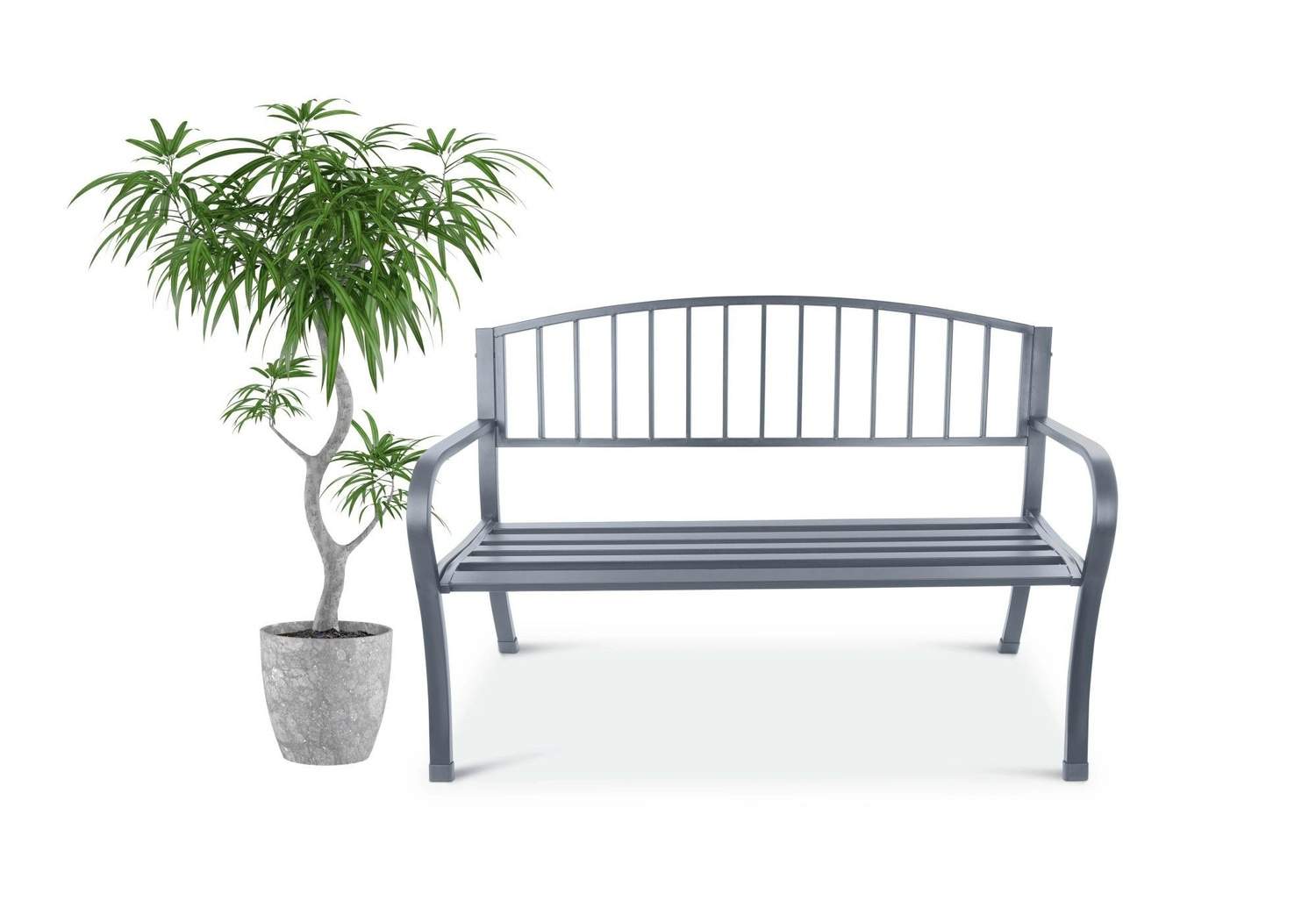 Hagebenk med ryggstøtte, parkbenk for terrasse og balkong, metallkonstruksjon, grafitt