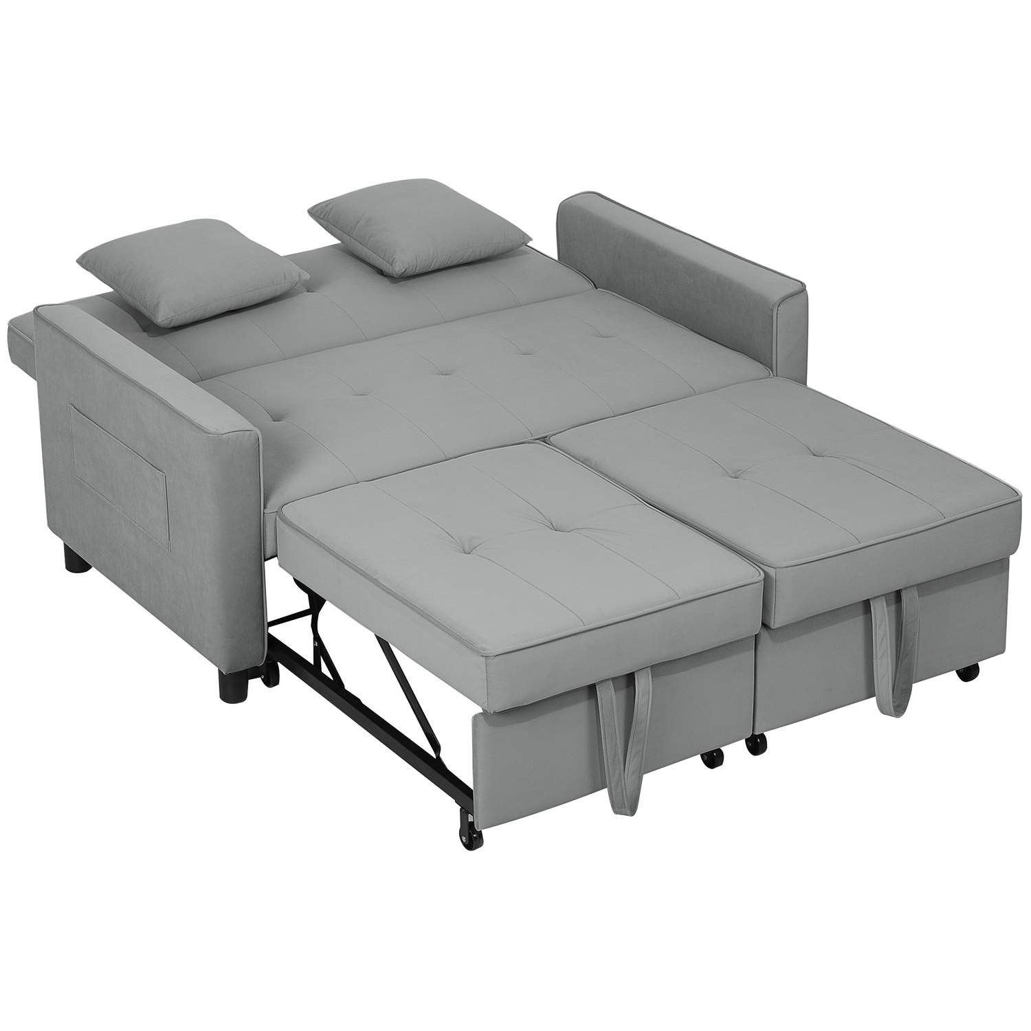 Sovesofa, 2-seters sofa med sovefunksjon, justerbar rygg, sofa med puter, fløyelslook, L-formet sovesofa med sengeboks, hjul til