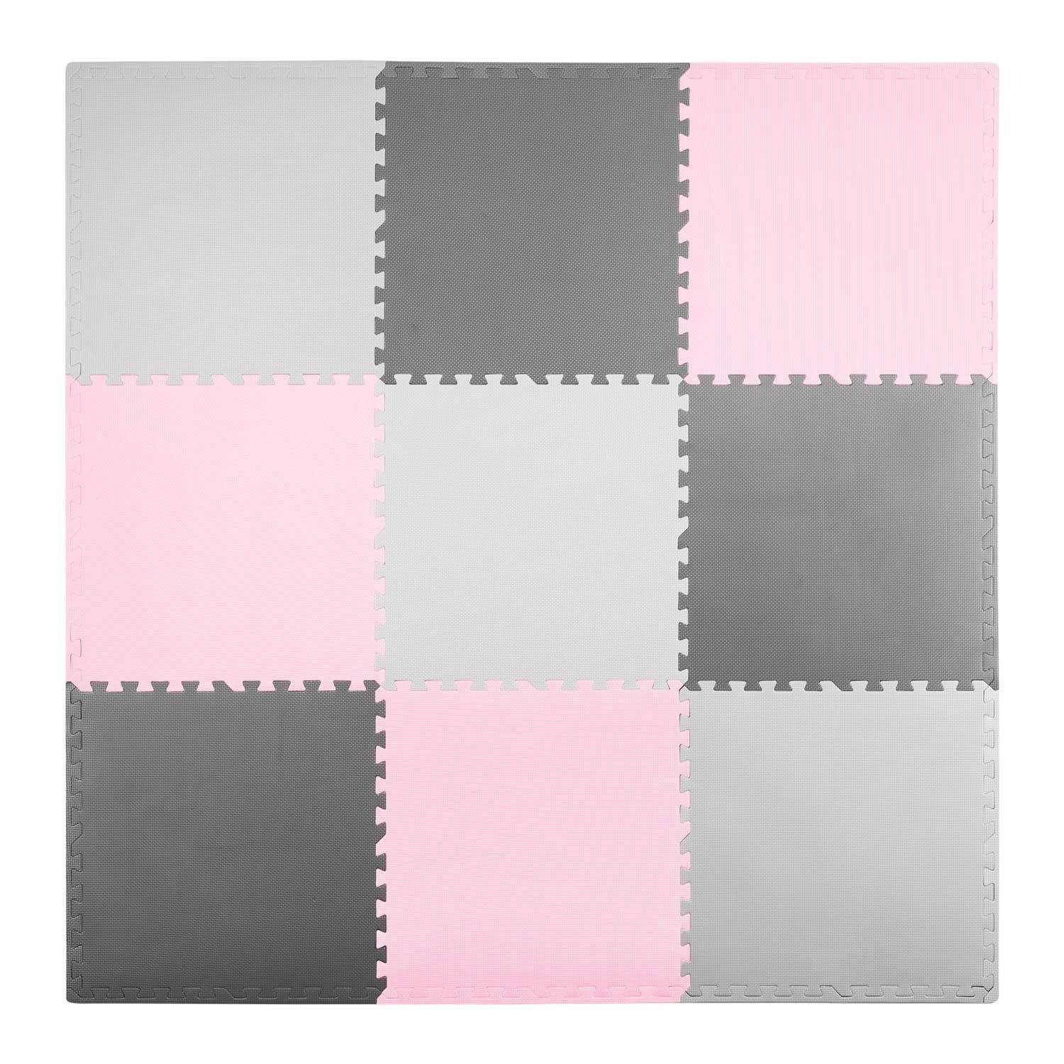 Puslespillmatte i skum 180x180 cm, 9 deler, grå og rosa