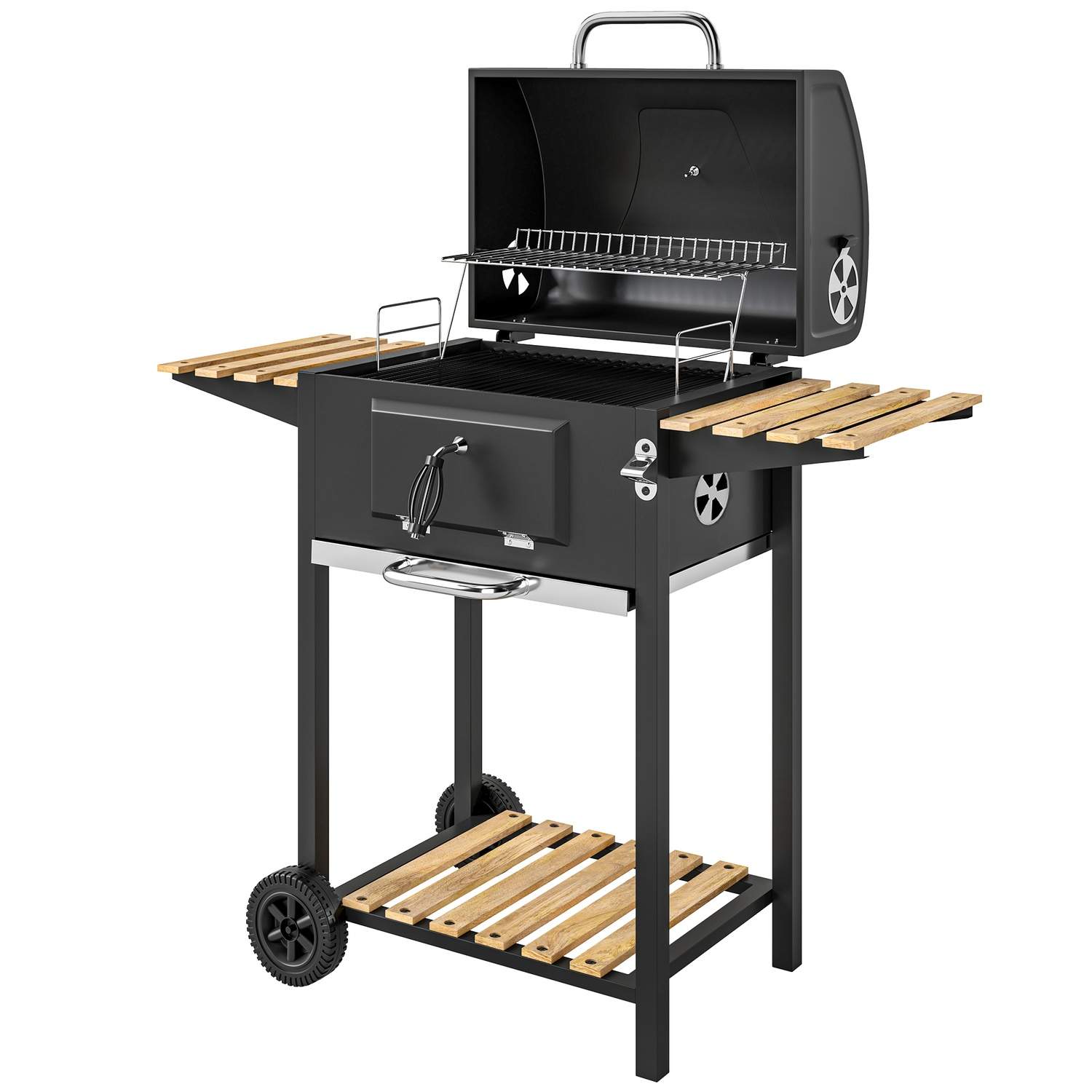 Kullgrill laget av rustfritt stål, mobil grillvogn med lokk, termometer, grillrist, hjul, justerbart håndtak, kullbrett, kullgri