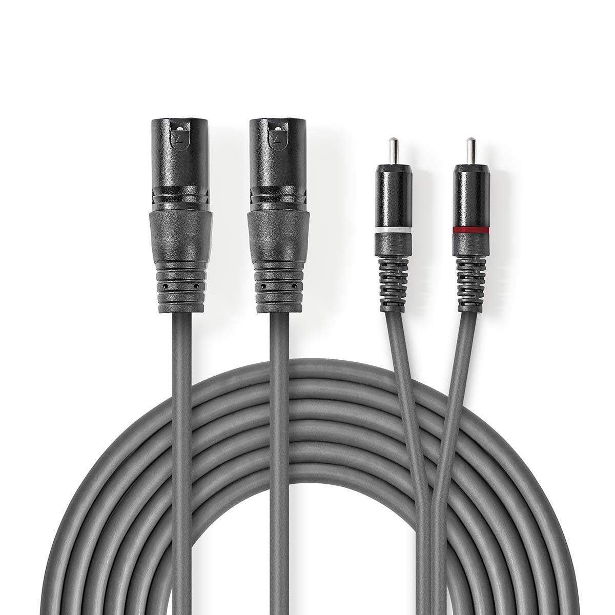 Balansert lydkabel | 2x XLR 3-Pin Han | 2x RCA Han | Nikkel belagt | 1.50 m | Rund | PVC | Mørk Grå | Pappetui