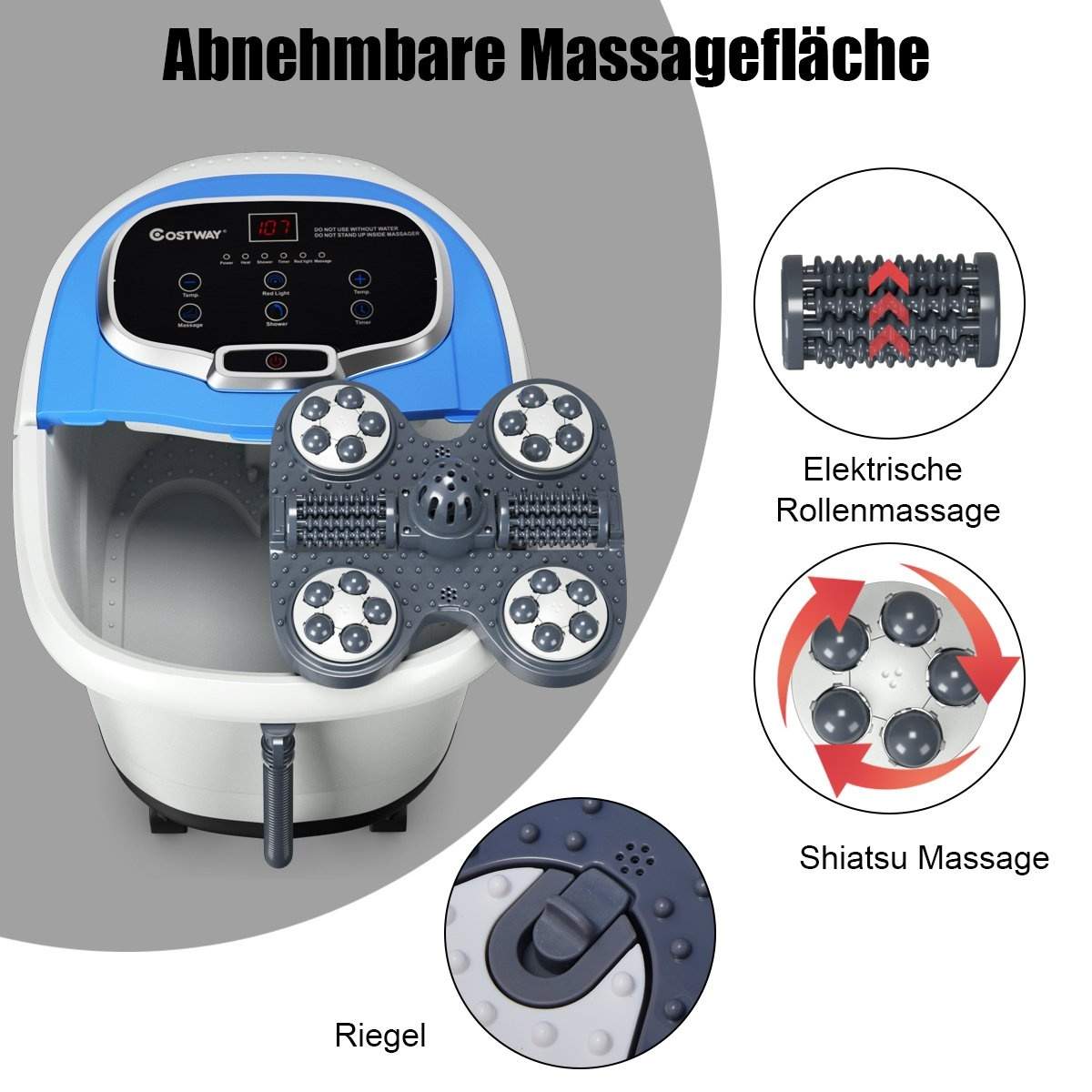 Shiatsu fotspa med oppvarmet massasje og rødlysterapi