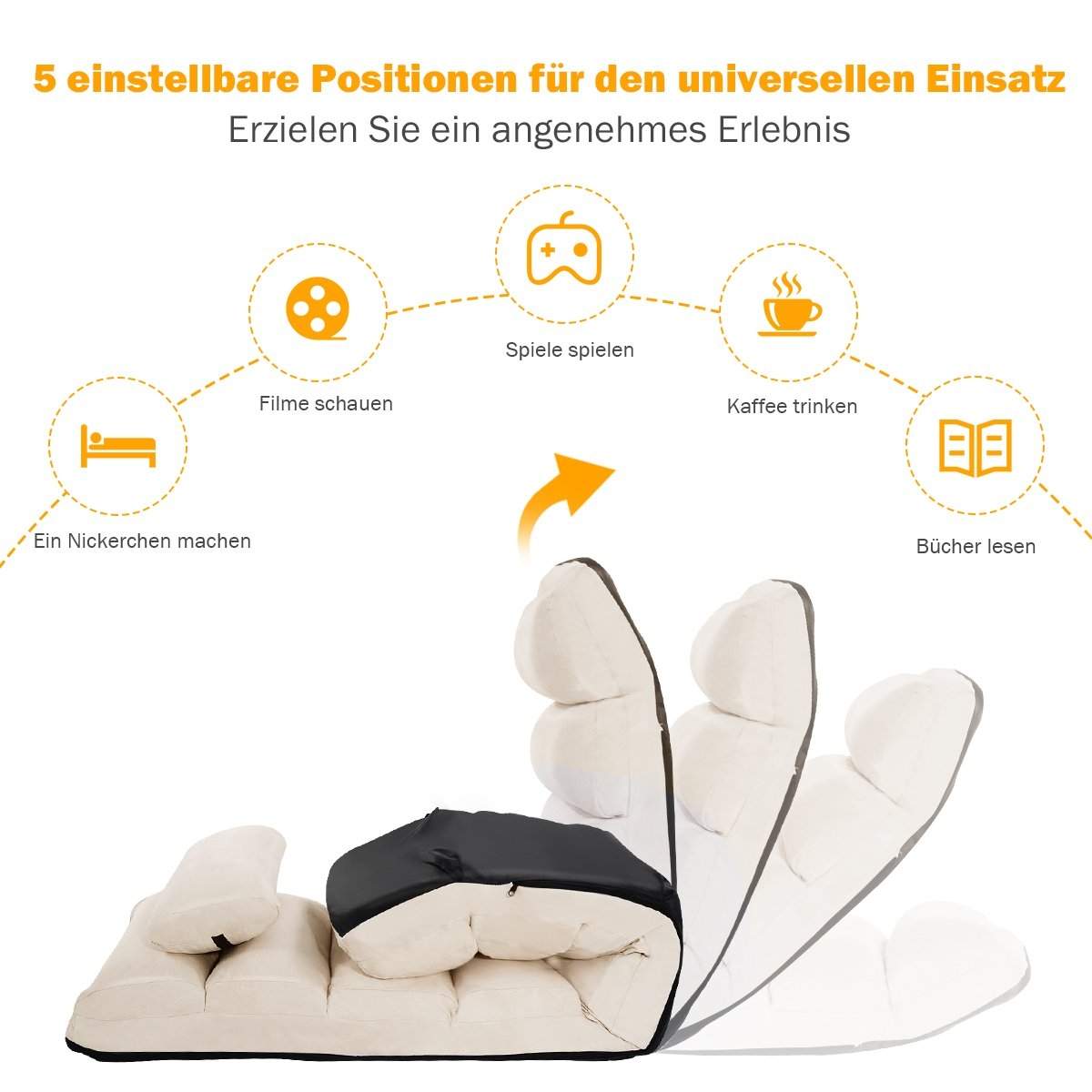 Justerbar gulvstol i semsket skinn – 5 posisjoner, beige, 175 cm