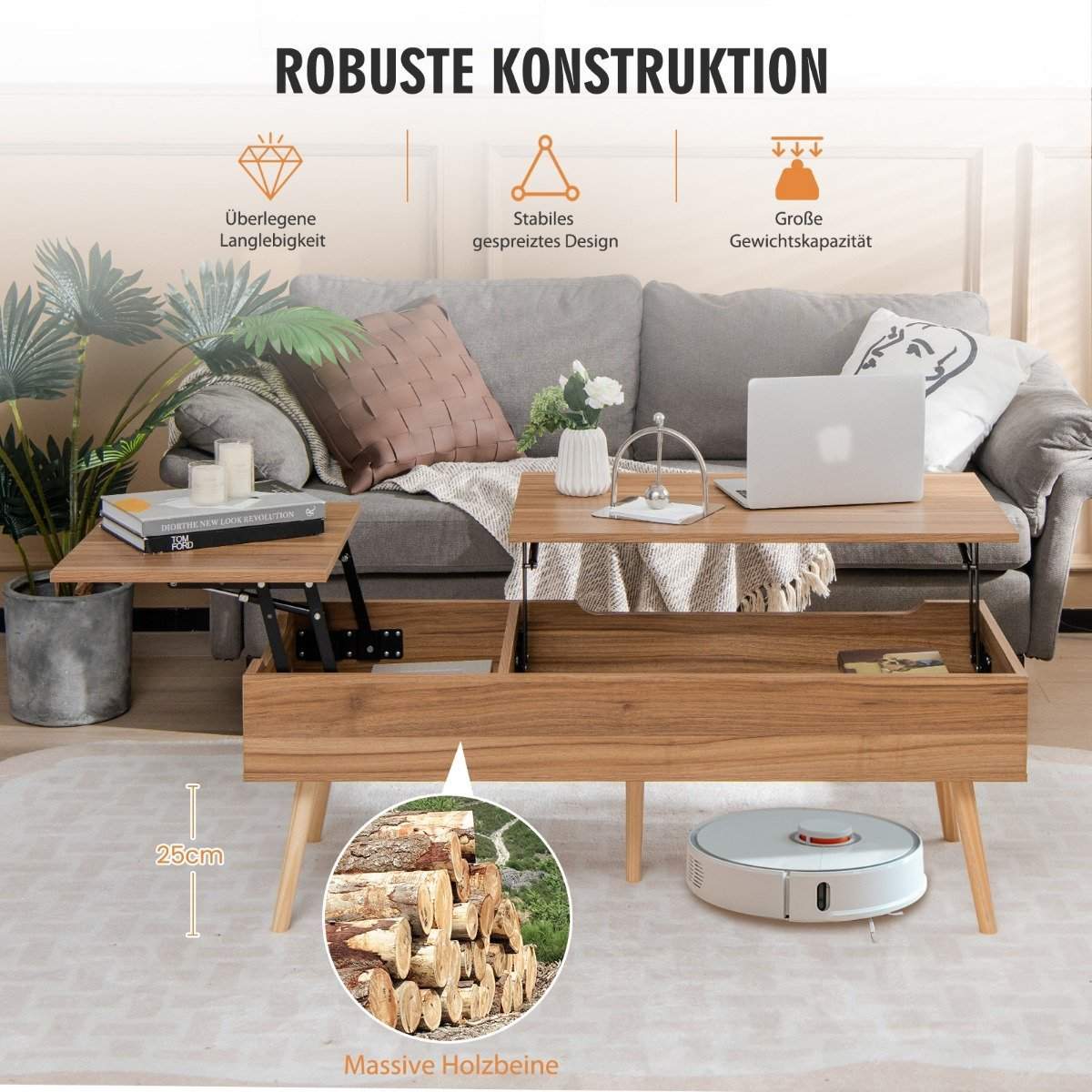 Lift-Top Sofabord med oppbevaring – Brun, 120x49x42 cm