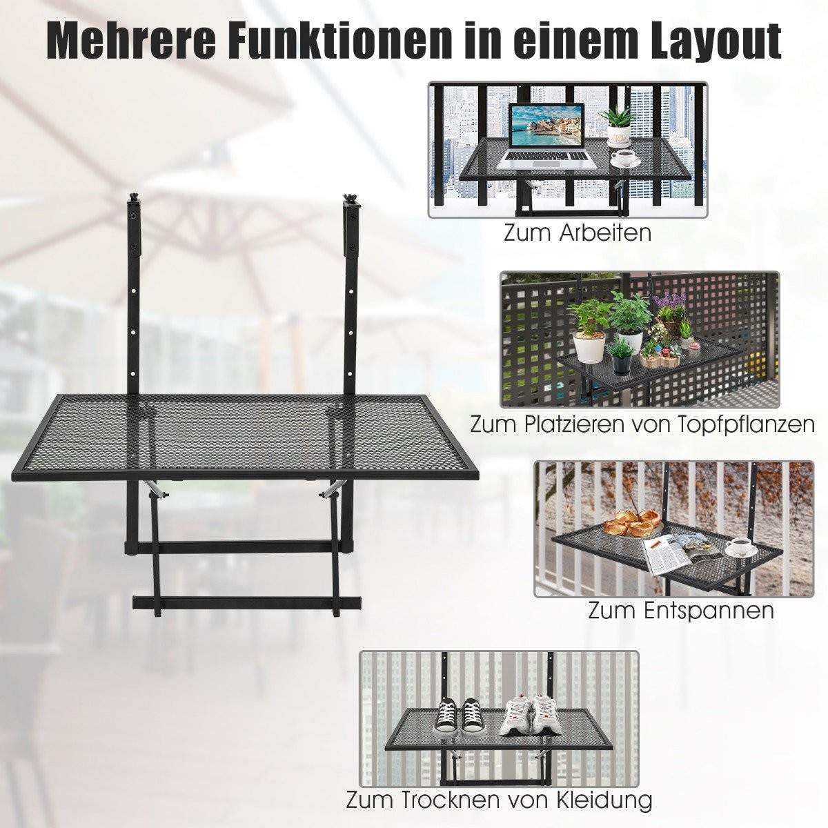 Justerbar hengende jernhylle – 5 høyder, sammenleggbar, svart