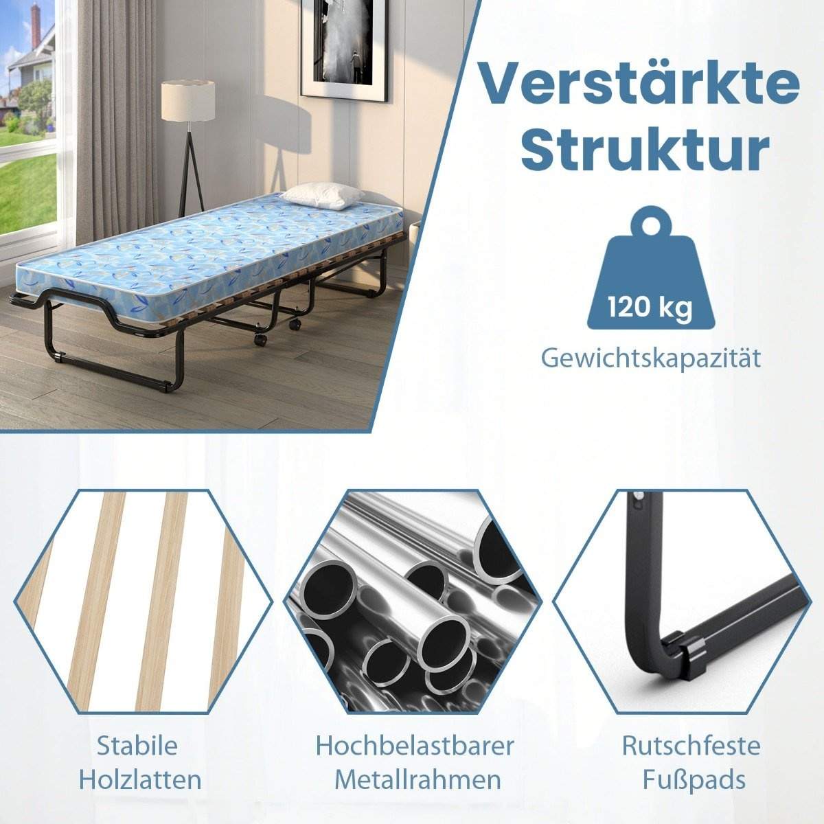 Sammenleggbar seng med memory foam madrass og hjul, 110 kg kapasitet