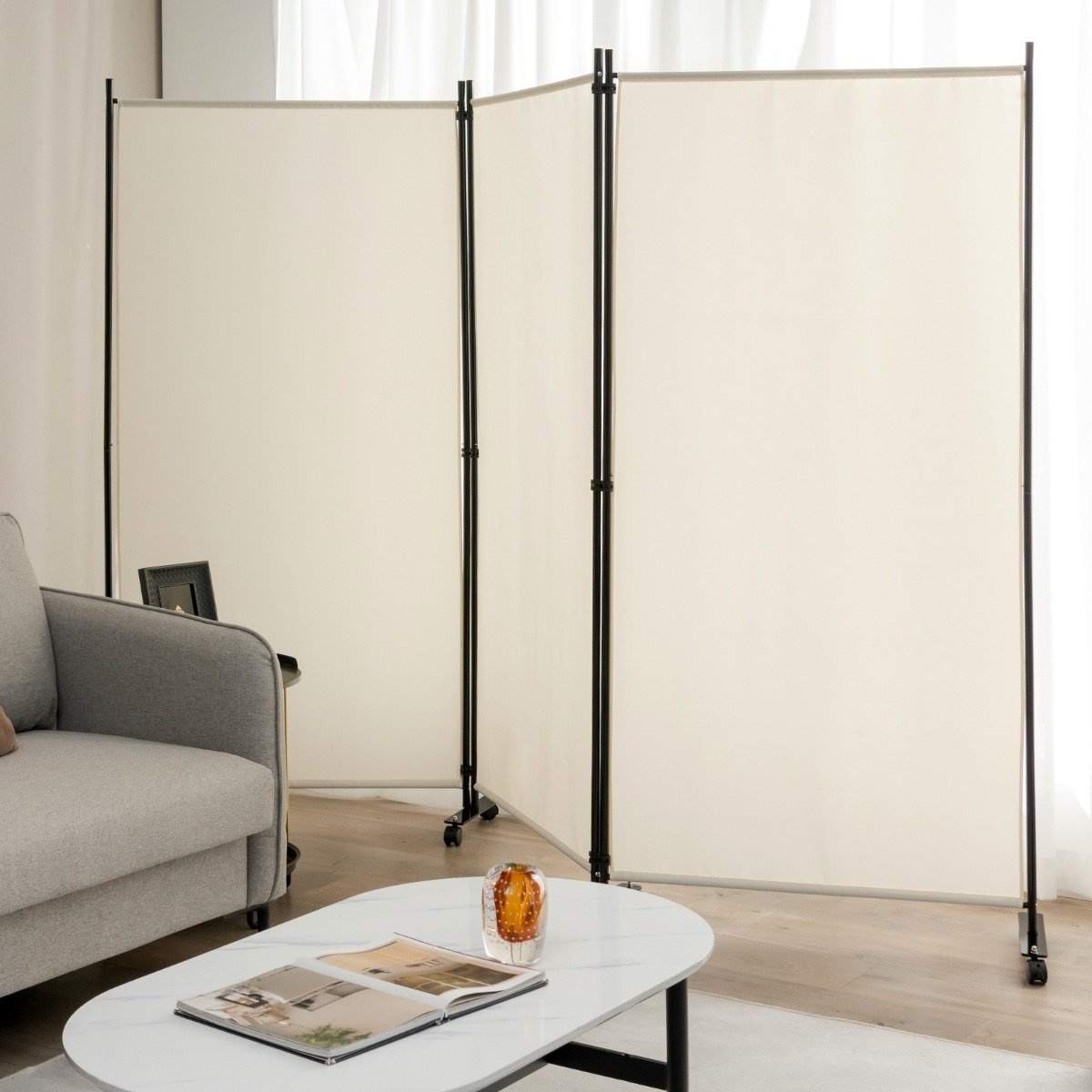 180 cm sammenleggbar romdeler med hjul – 3 paneler, beige