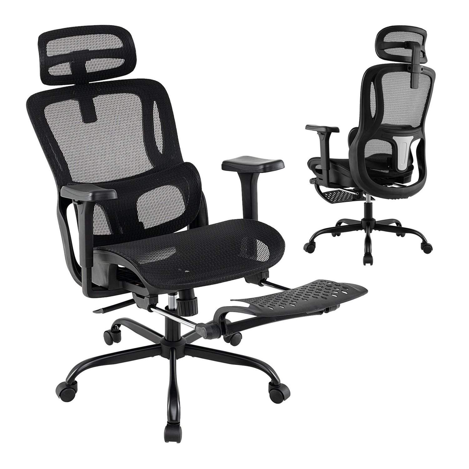 Ergonomisk kontorstol med justerbar hodestøtte og fotstøtte