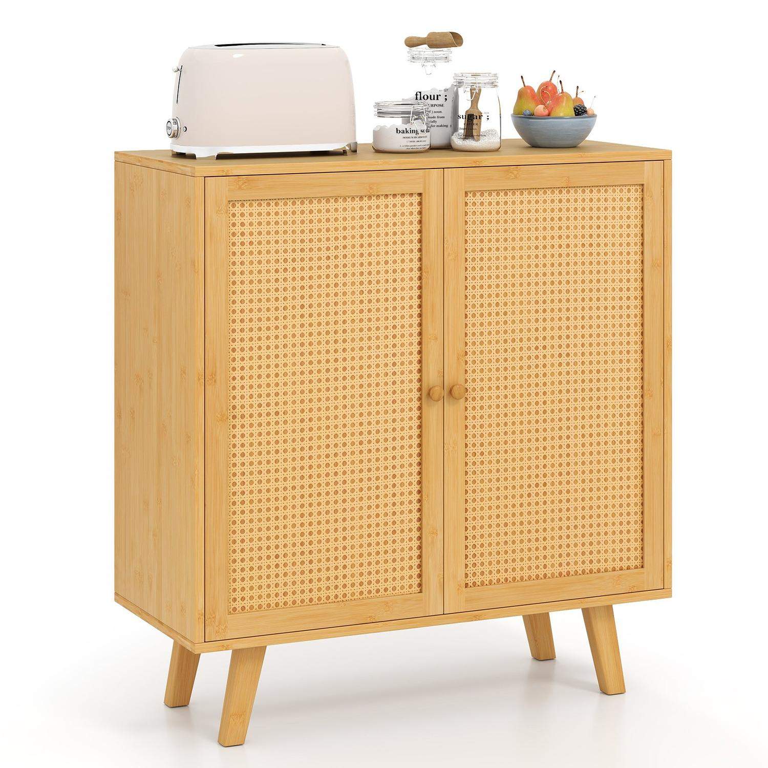 Bambus skjenk med rottingdører – 80x34,5x85 cm
