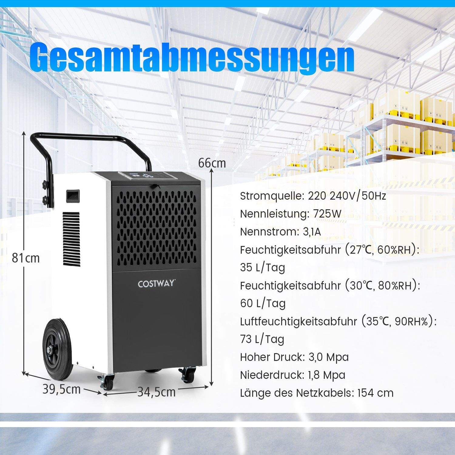 Industriell avfukter – 73L/dag, automatisk drenering og timer
