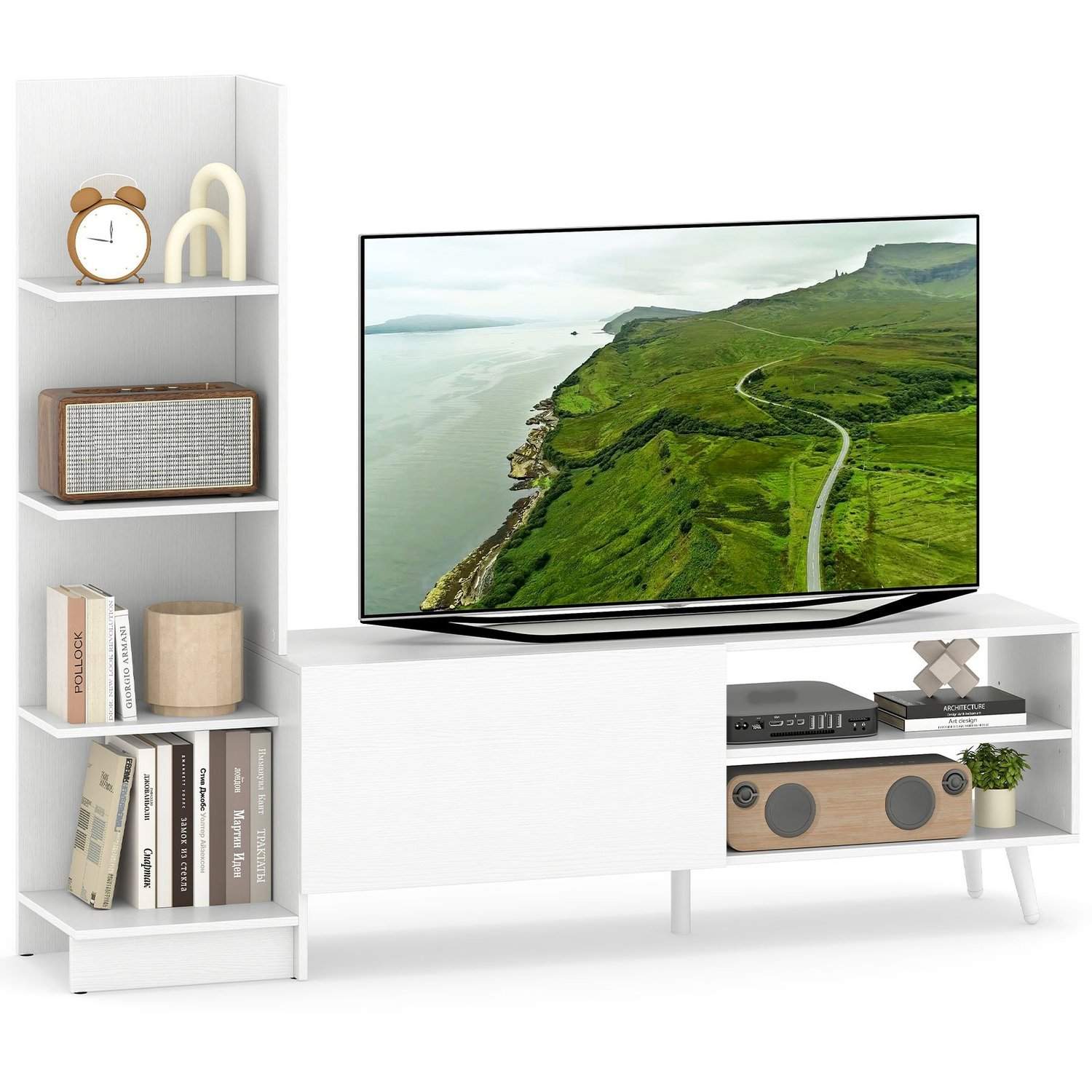 TV-stativ med justerbar hylle og 4-lags bokhylle, hvit