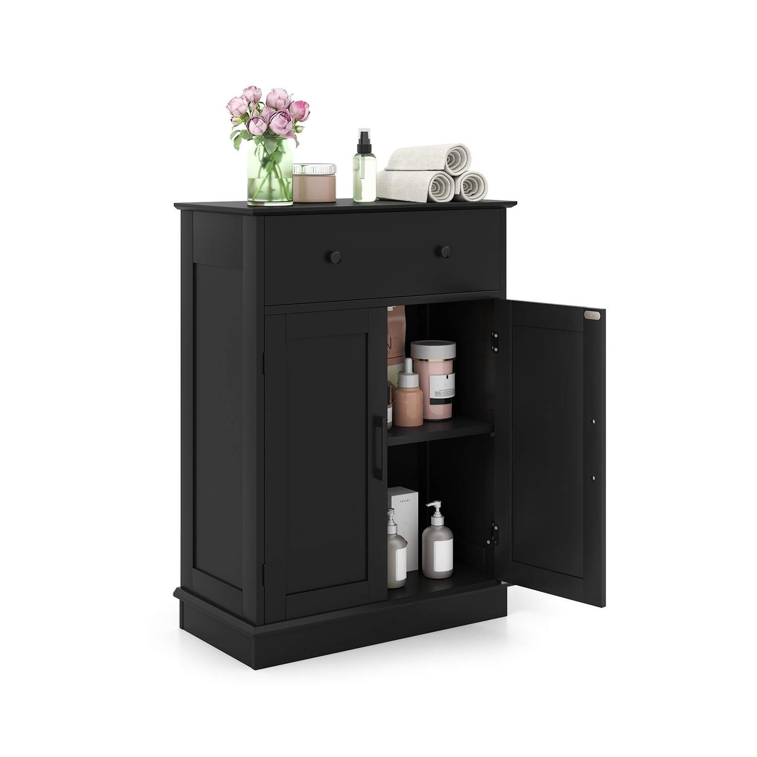 Baderomsskap med skuff, justerbar hylle – svart, 56x30x80cm
