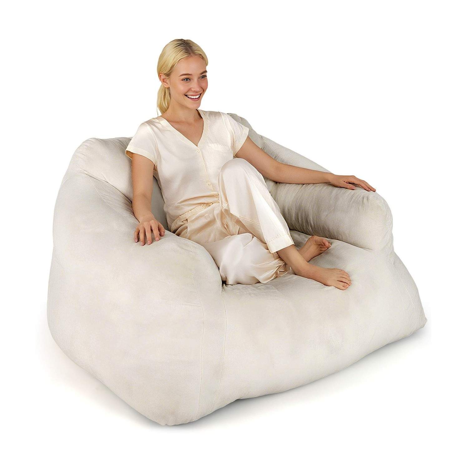 Bean Bag Stol med fløyelstrekk – sklisikker, beige, 124x110x68 cm