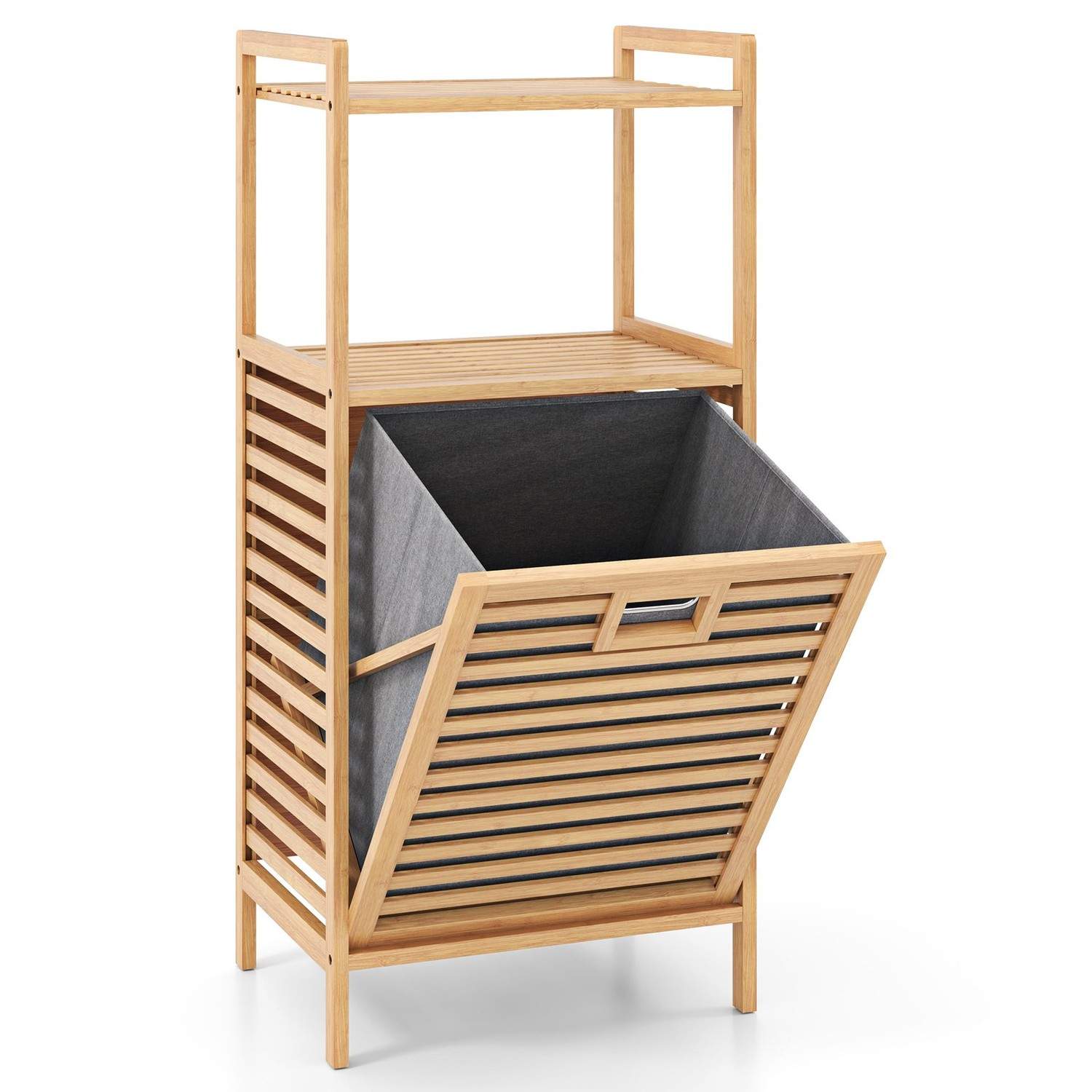 Bambus vaskeromshylle med sammenleggbar kurv – 2 hyller, 43,5x33x96 cm