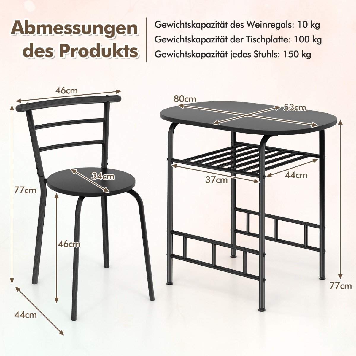 Spisebordsett med vinhylle – plassbesparende, 3-delt