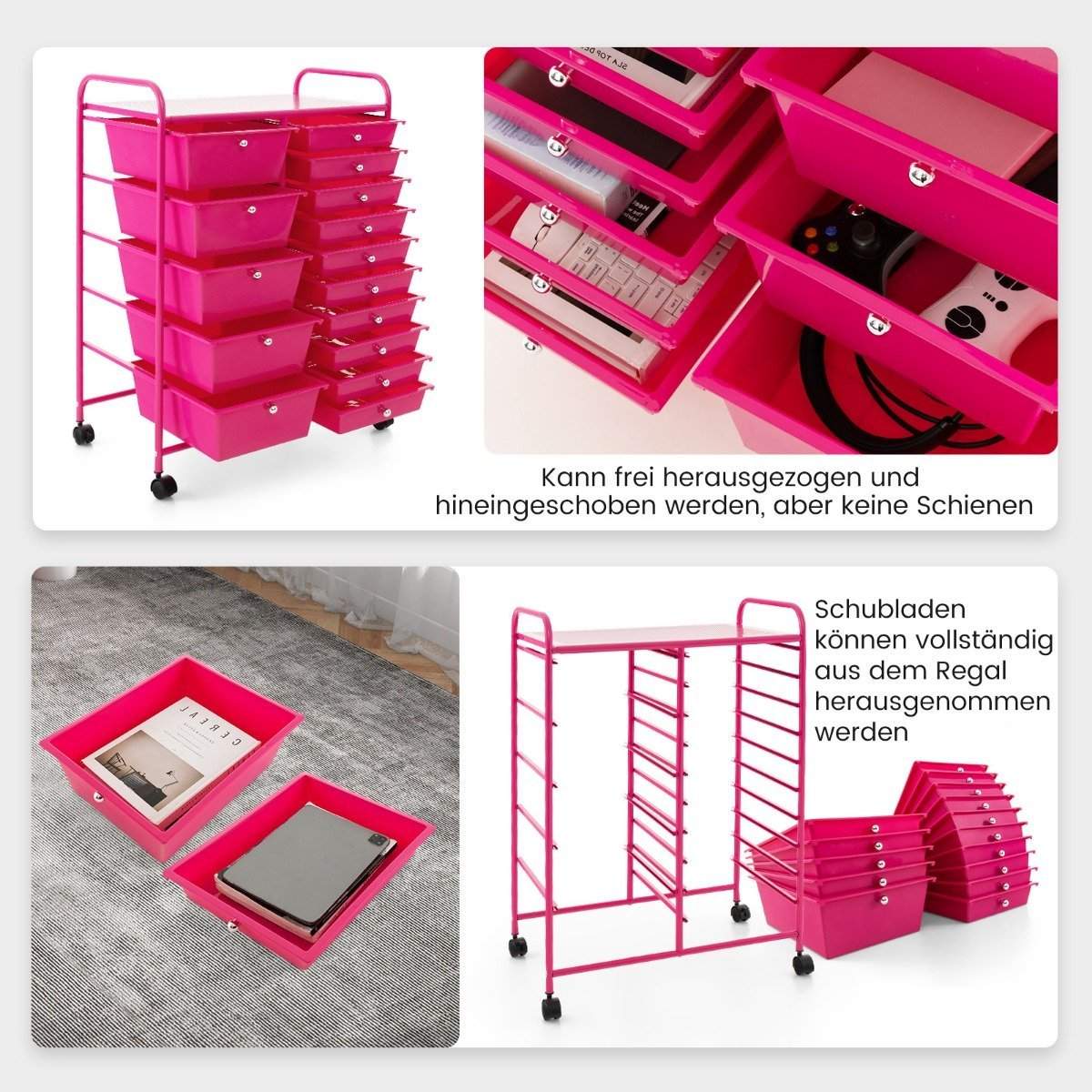 Mobil oppbevaringsvogn med 15 stablebare skuffer – Rosa