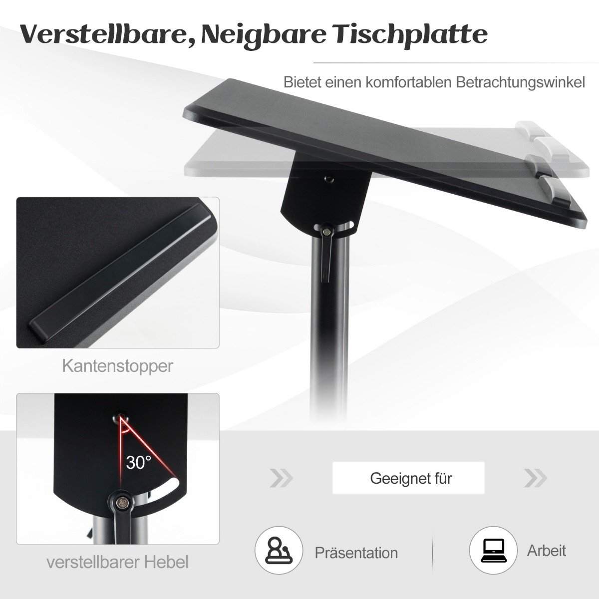 Justerbart mobilt podium – tilt topp, låsehjul, oppbevaring