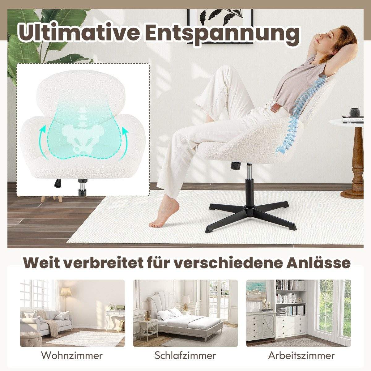 Ergonomisk dreibar skrivebordsstol – Justerbart, behagelig teddystoff