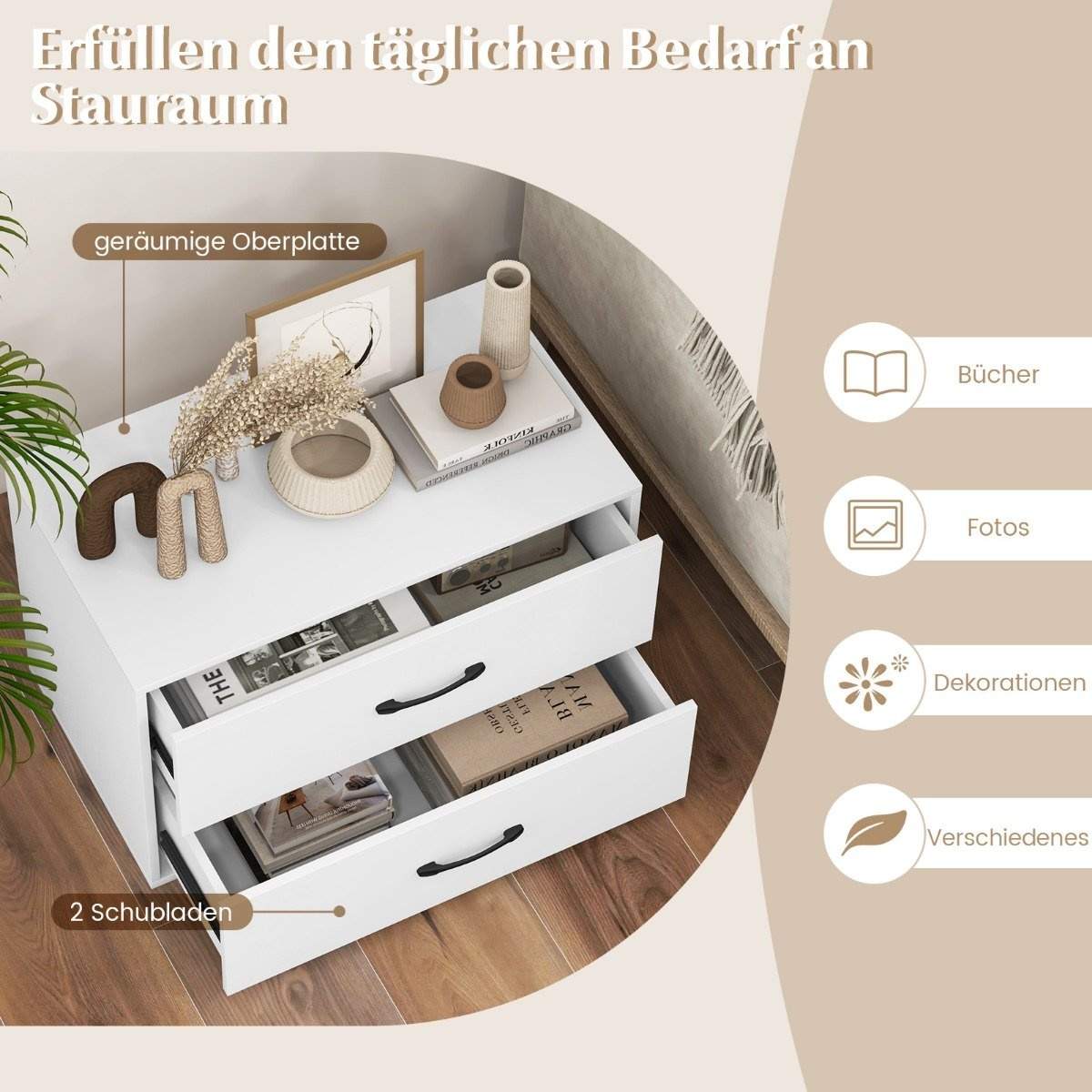 Stablebar 2-skuffers trekommode – Hvit, 60x34x38 cm
