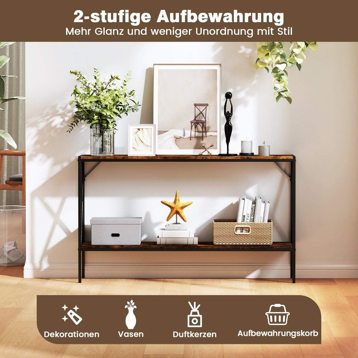 Industriell konsollbord – 120 cm, metallramme, 2 hyller