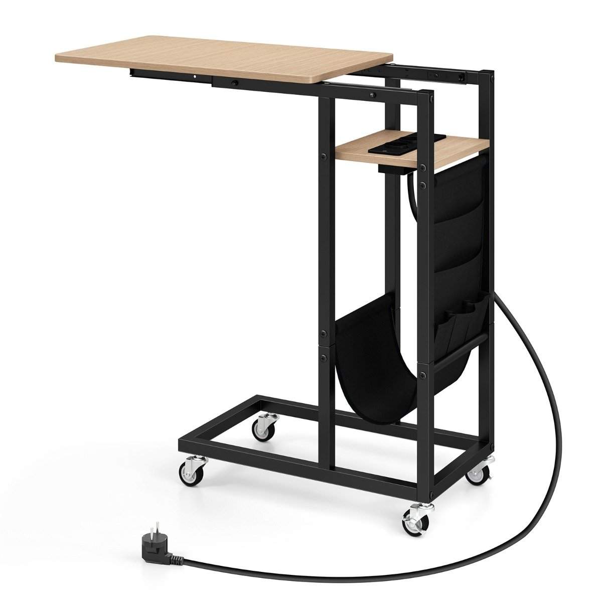 C-formet sidebord med ladestasjon og oppbevaringslomme